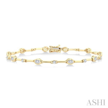 1 1/3 Ctw Bezel Set Oval and Round Cut Diamond Bar Link Bracelet in 14K Yellow Gold